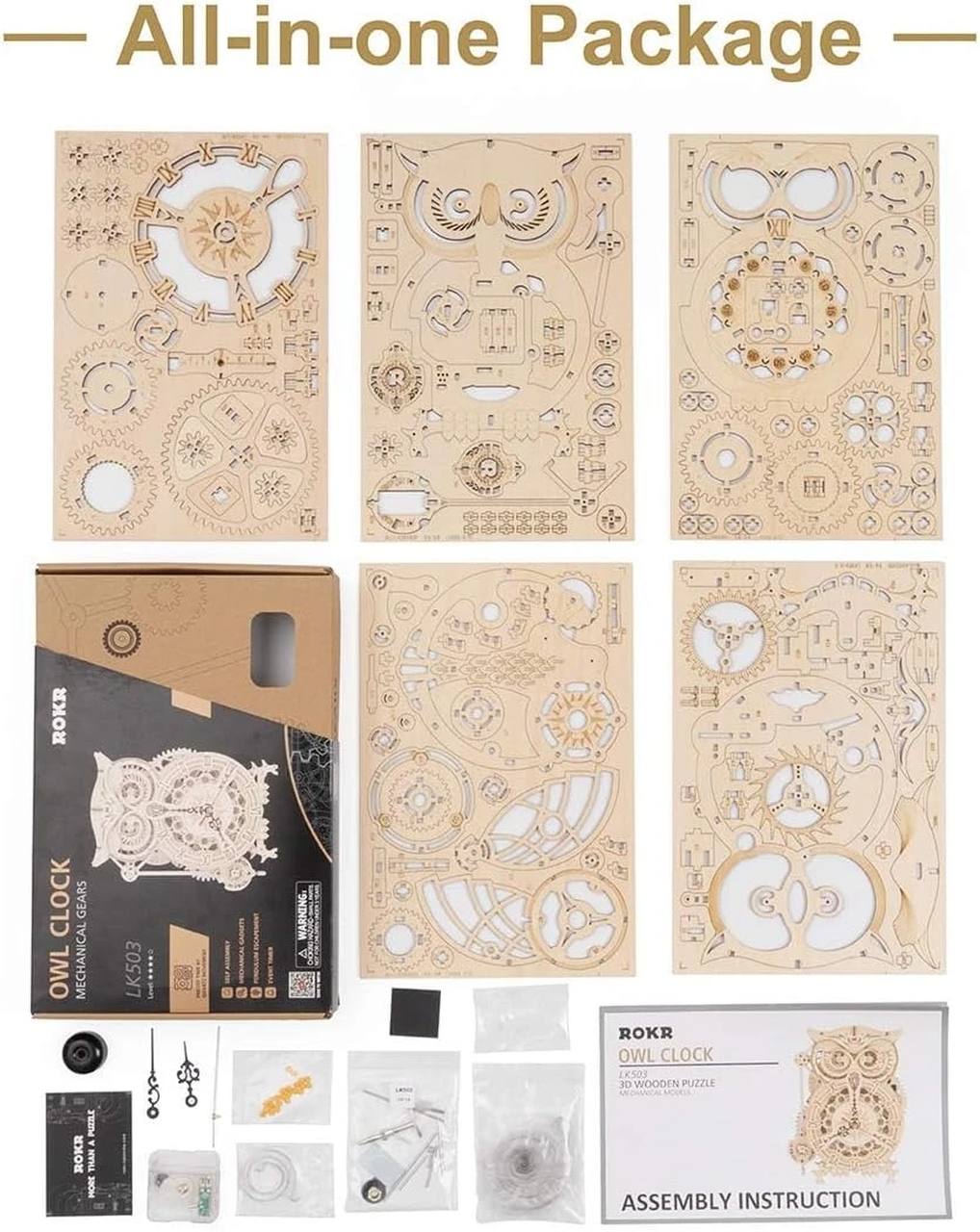 ROKR Owl Clock Mechanical 3D Model Puzzle